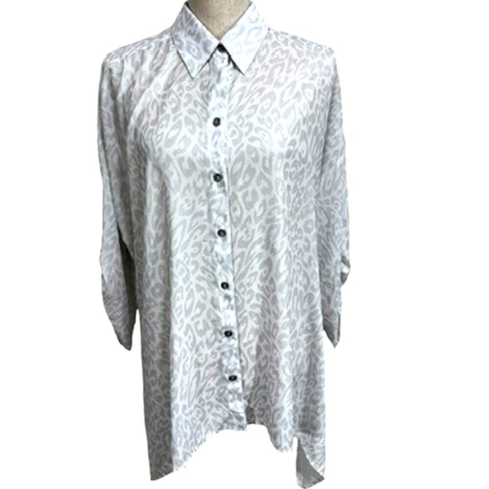 "CHICO'S" Size 2, Sheer , Asymmetrical Hem,Silver Cheetah, Button Sleeve,Office